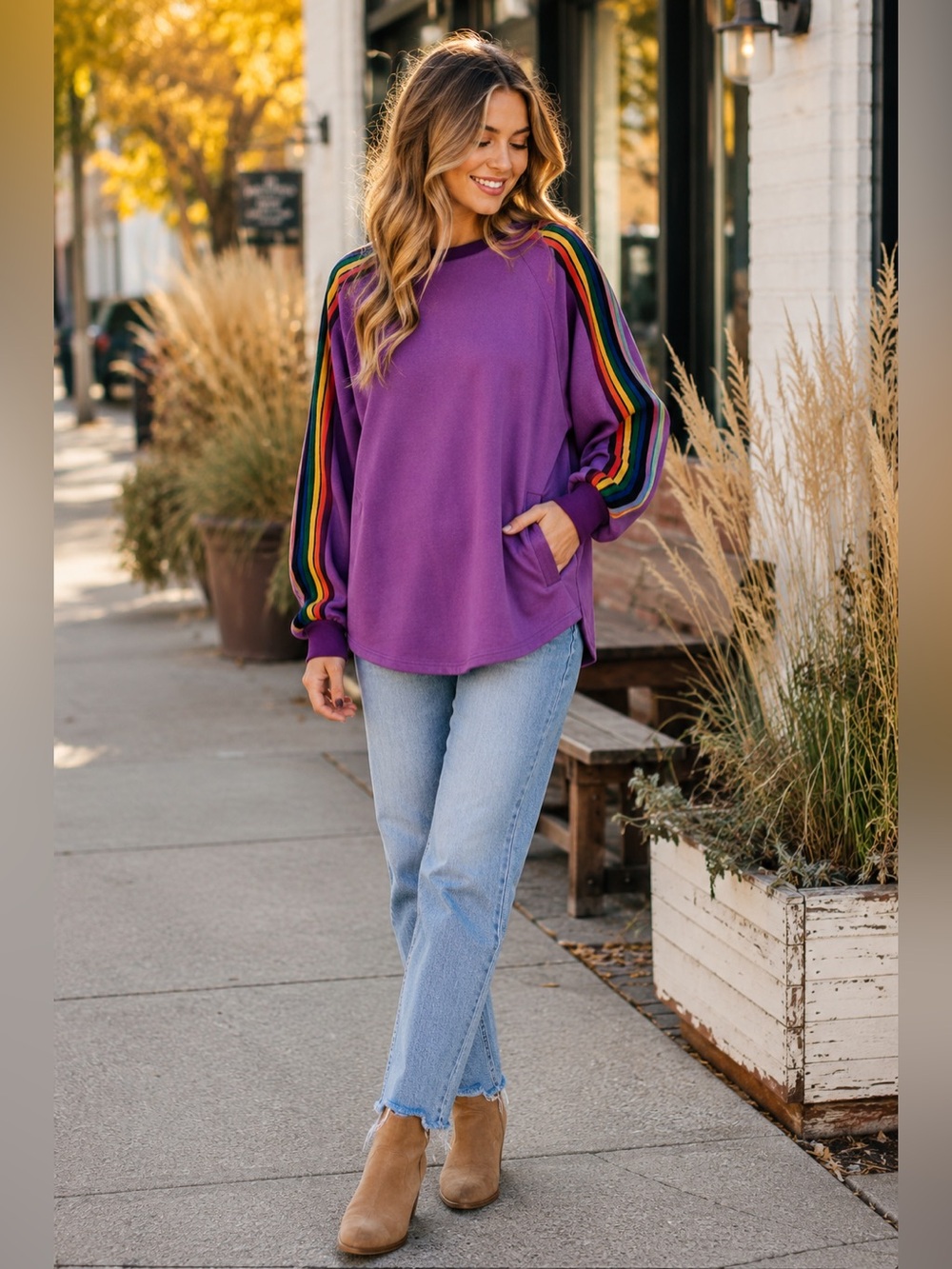 Rainbow Stripe Sleeve Oversized Sweatshirt Purple Boho Tunic Top S NWOT